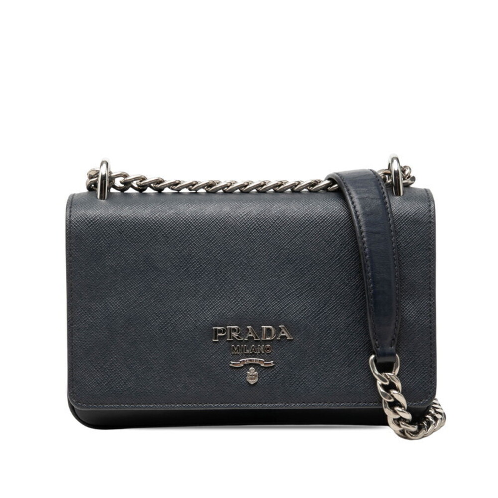 Prada Chain Saffiano Leather Shoulder Bag Navy Blue